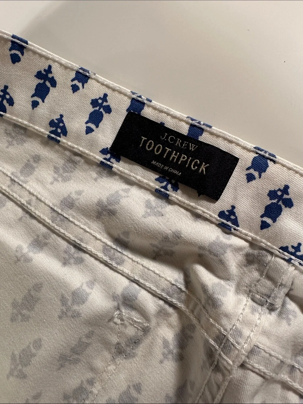 J. Crew Men’s Toothpick Ankle Jeans in White with Blue Print